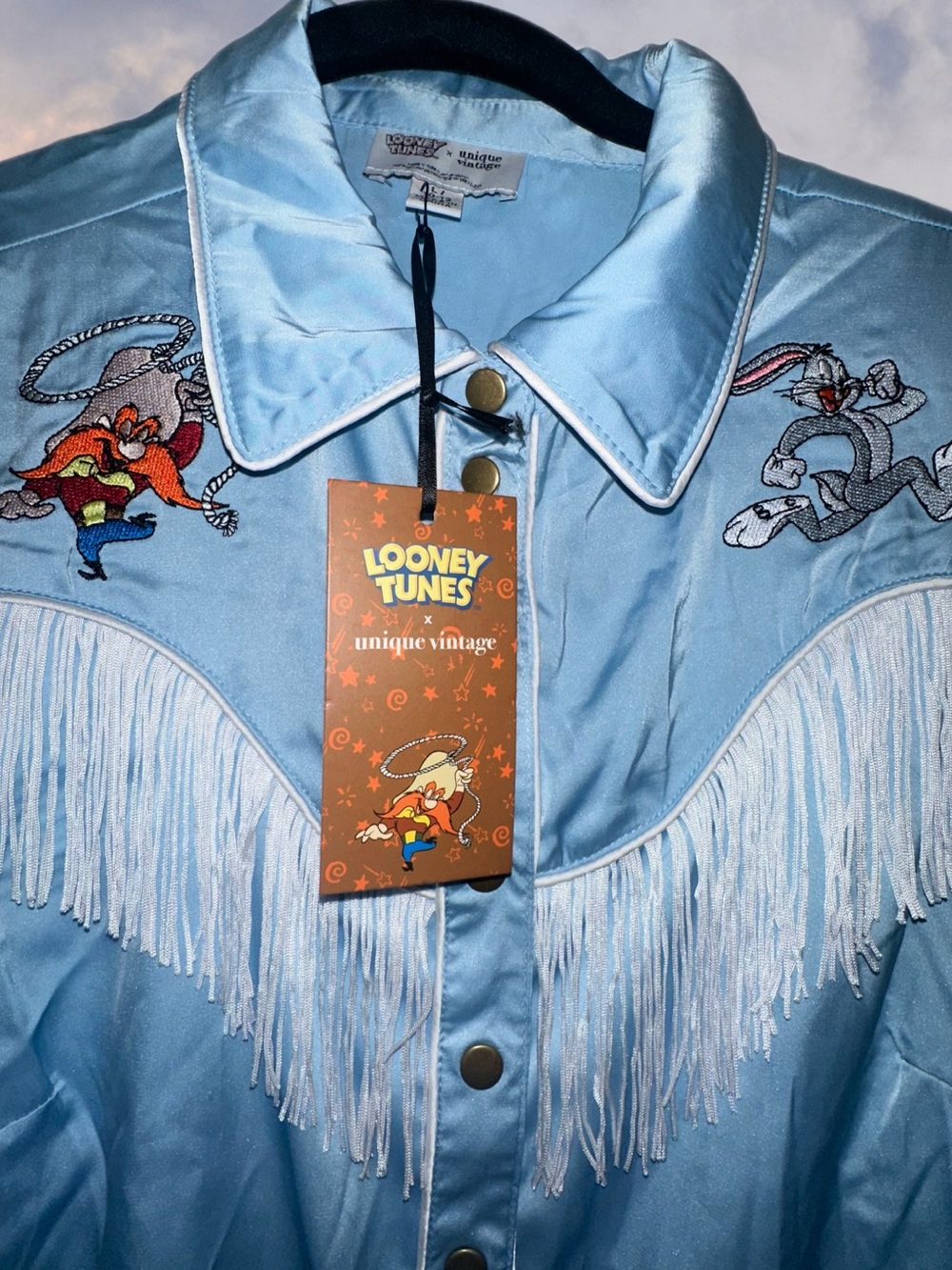 Unique Vintage Light Blue Satin Fringe Button-Down Shirt Looney Tunes Western - Picture 5 of 6